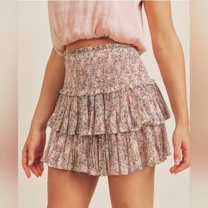 Reset Vera Smocked and Tiered Floral Skirt S Small Excellent Pink Brown White